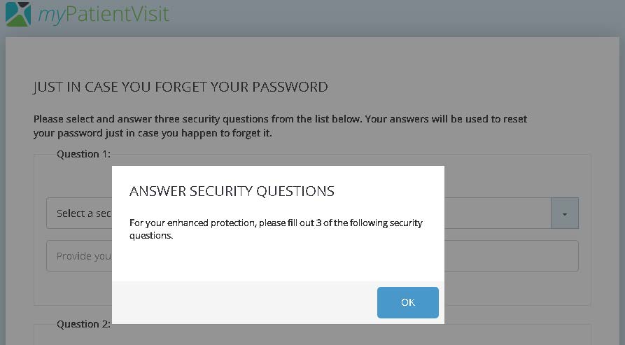 Security questions selection screen